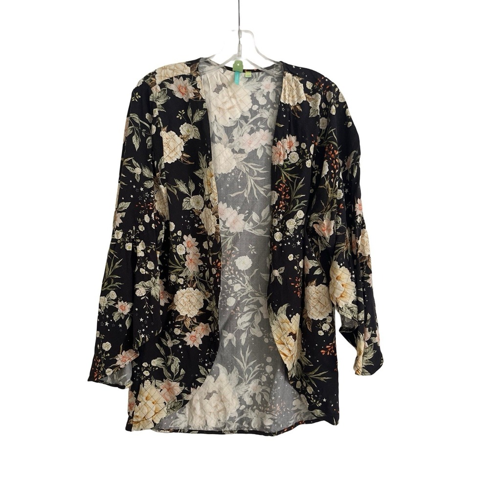 Farm Rio Kimono Top ONE SIZE Open Front Floral Stars Diamond Stitch Boho Fairy